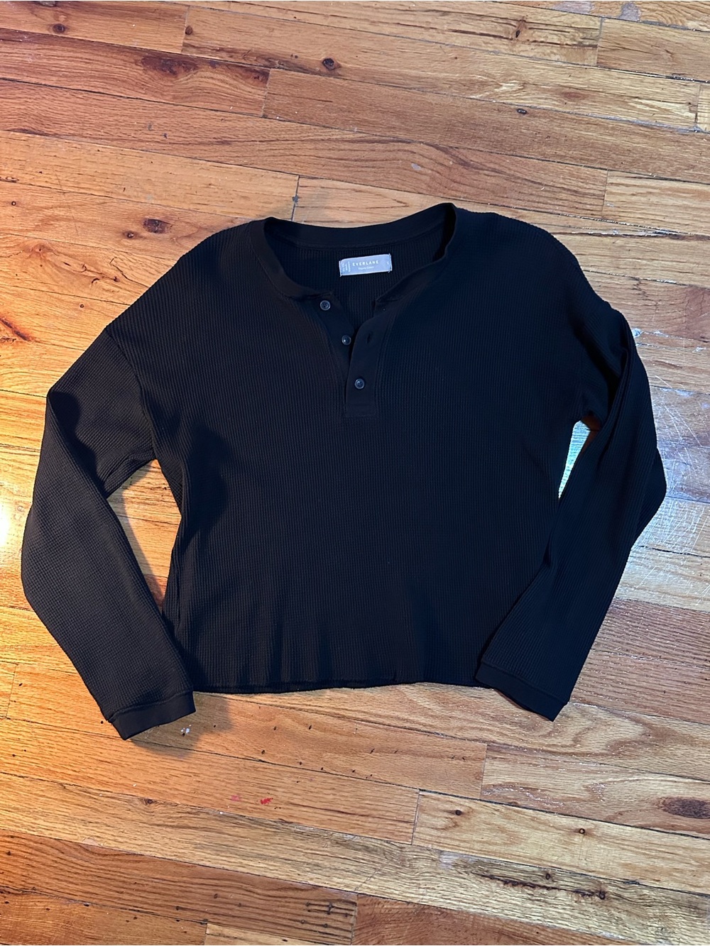 Everlane Black Crewneck Henley Long-Sleeve Top